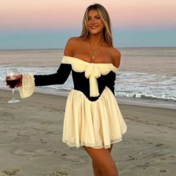 HOUSE OF‎ CB 'Alana' Black & Cream Off Shoulder Dress NWOT size XS - Picture 10 of 13